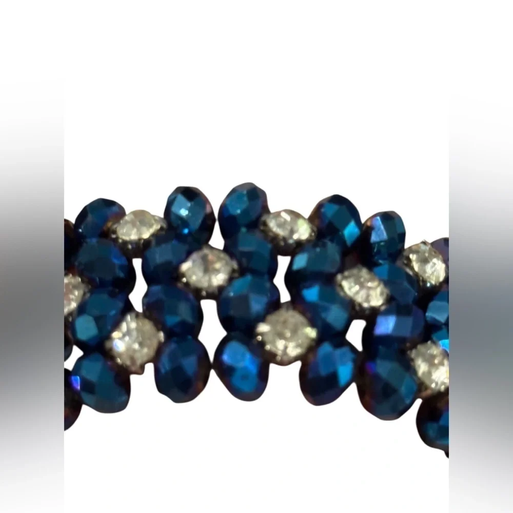 Vintage sapphire blue elongated crystal beads with interwoven rhinestones EUC